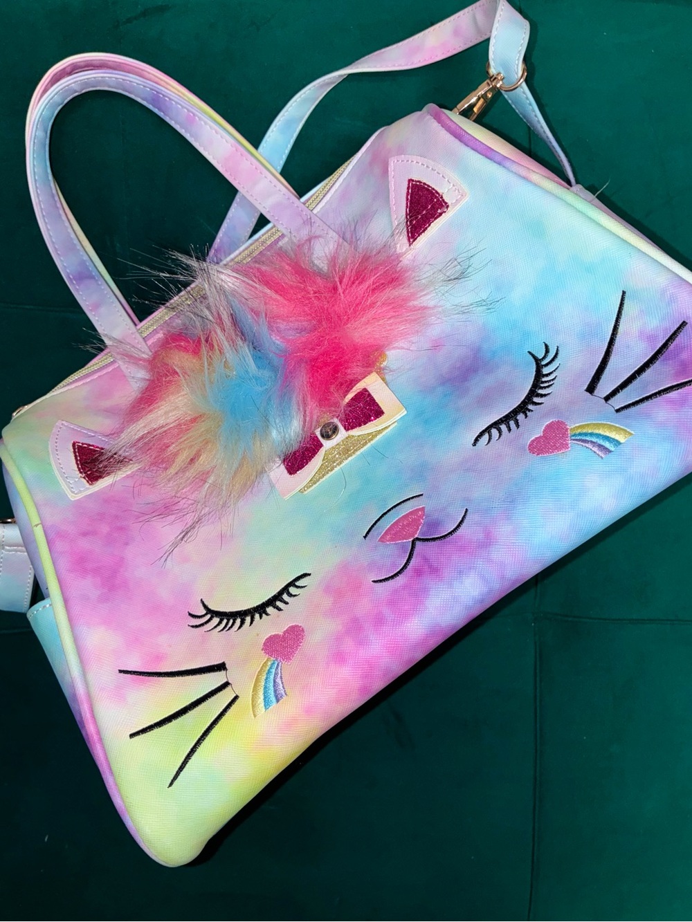 Tie-Dye Pastel Cat Face Bag with Fuzzy Pom